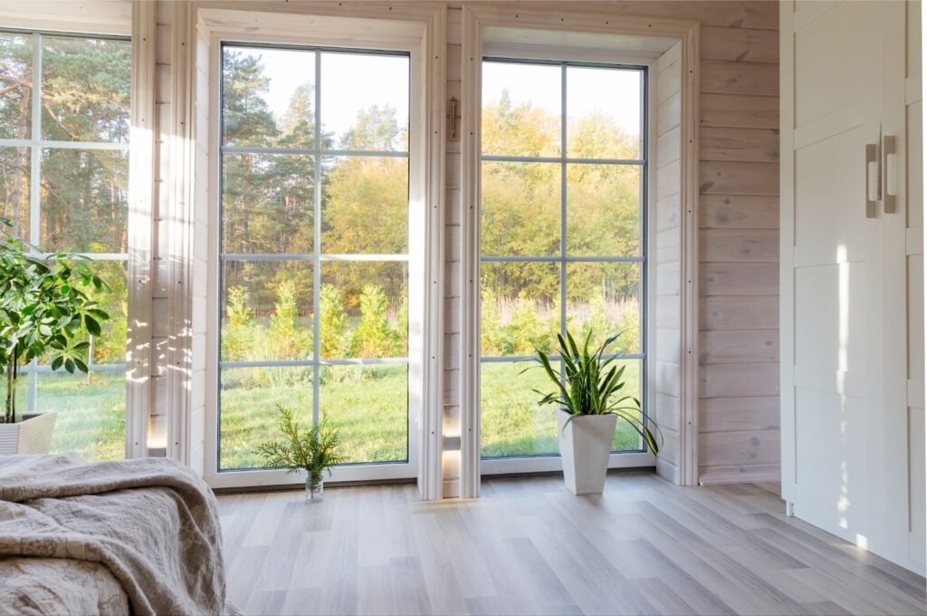 Large white wood windows.