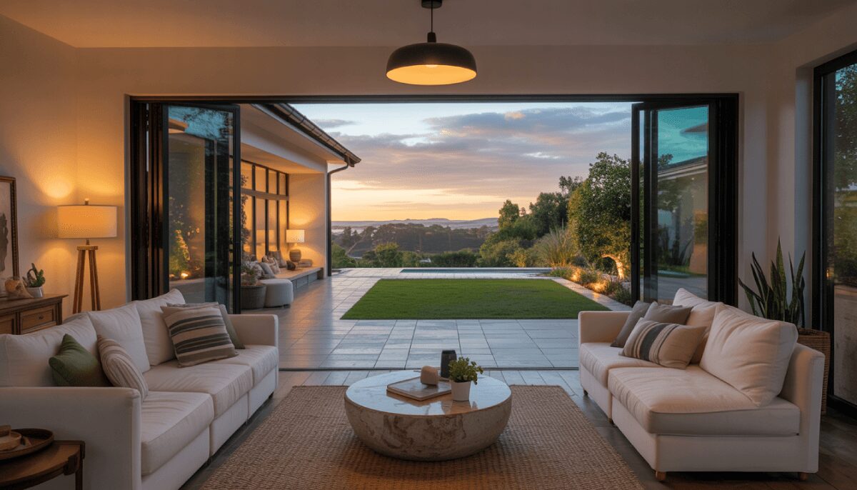 Glass patio doors opening from a cozy living room to a scenic backyard patio