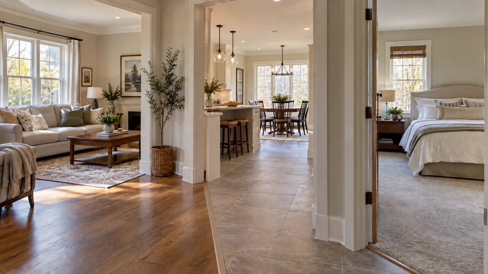 Open-plan home with hardwood in the living room, tile through the kitchen and hallway, and carpet in the bedroom