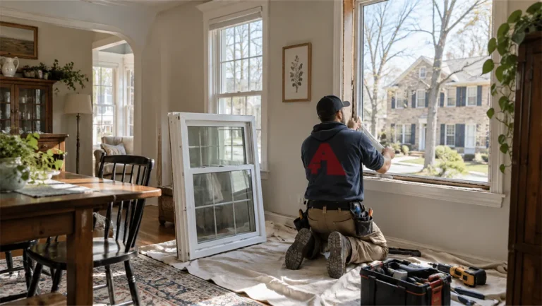 Tom Adams installer fitting a replacement window in a Philadelphia-area living room, with the new double-hung window ready nearby